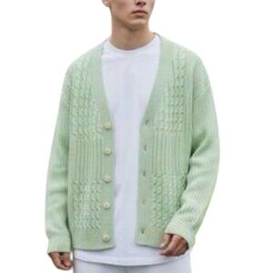 NWT ZARA Woven Cable Knit Sweater Cardigan in Blue/Green - Size L